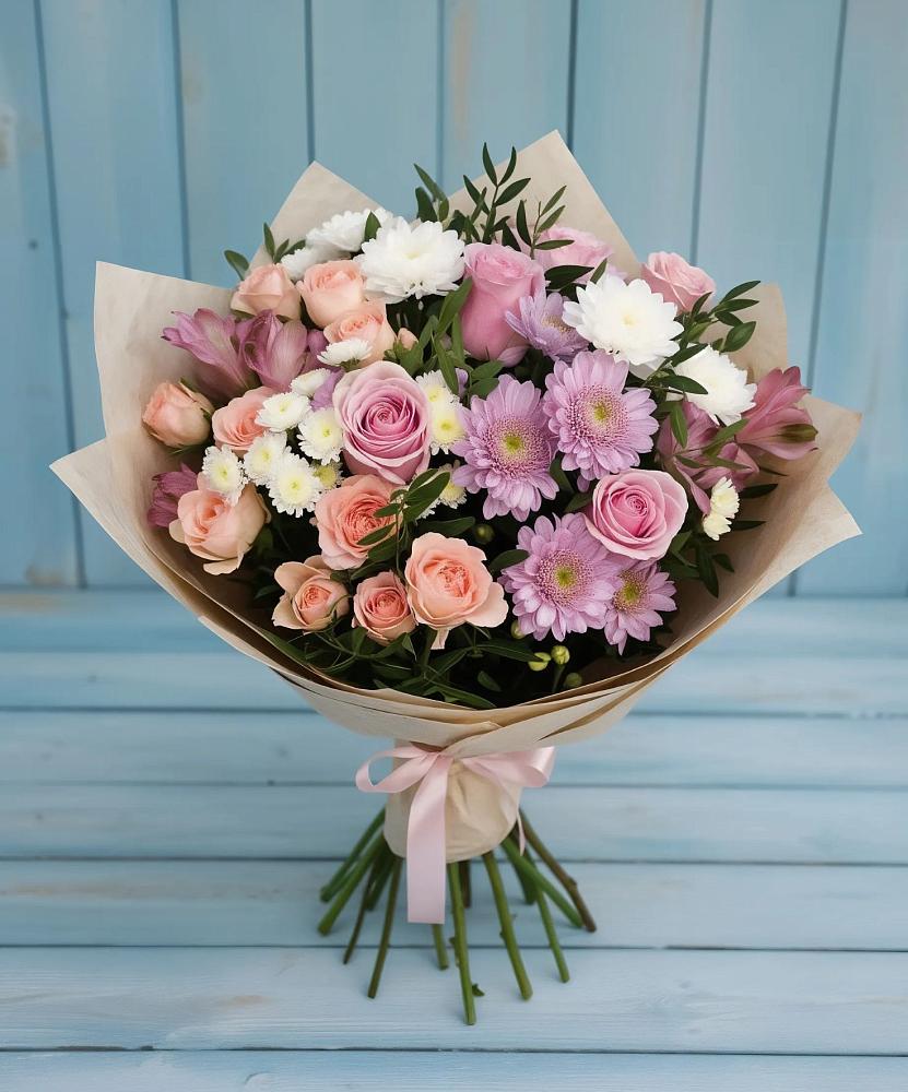 Букет цветов из: Хризантемы, Розы и Альстромерии в Новопавловске