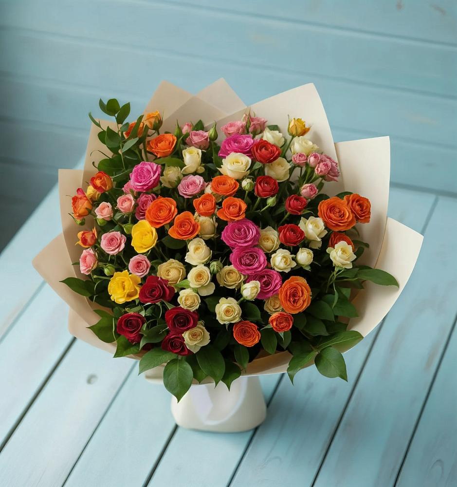 Букет Микс из разноцветных кустовых роз в Новопавловске