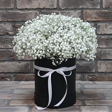 Цветочная композиция из Гипсофила в шляпной коробке в Новопавловске