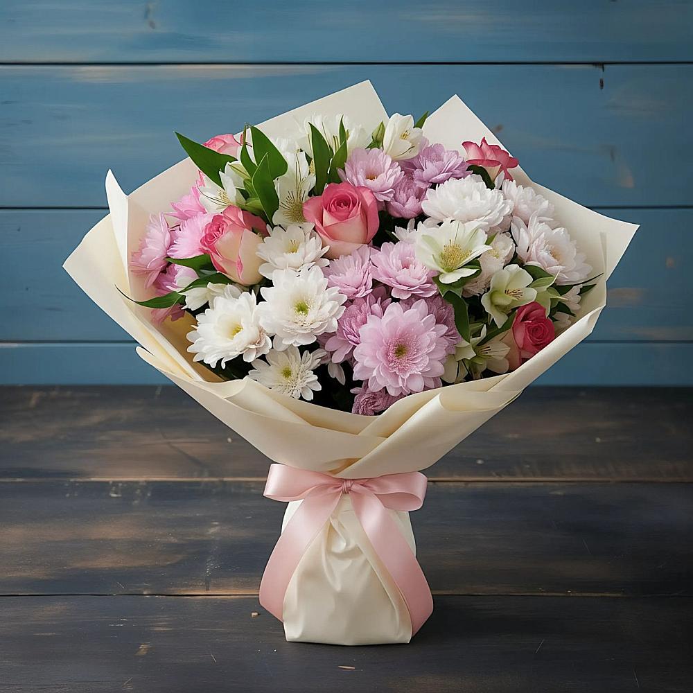 Букет цветов из: Хризантемы, Альстромерии и Розы в Новопавловске